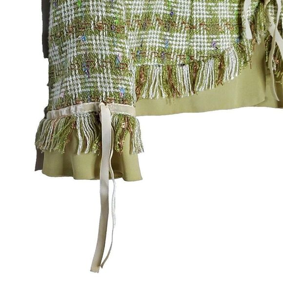 JS Collections Woven Plaid Tweed Jacket 10 M Green Frayed Fringe Trim Velvet Tie - Picture 4 of 6